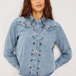 BARI SHIRT - FADED INDIGO FLORAL EMBROIDERY