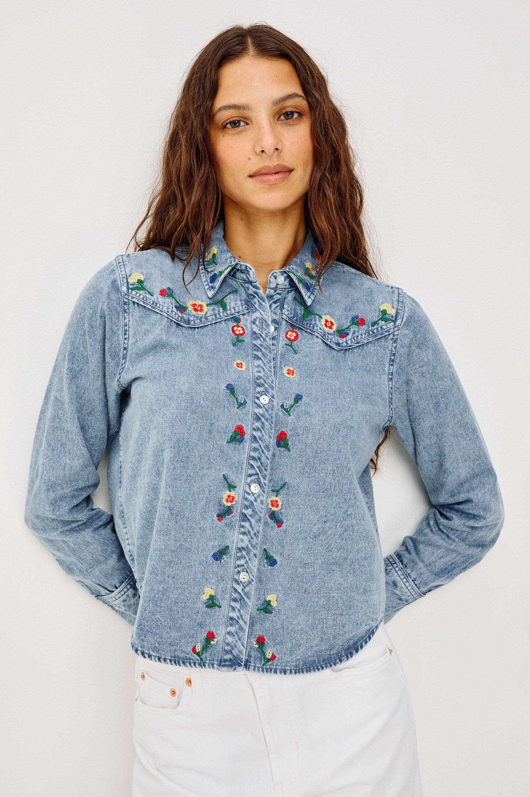 BARI SHIRT - FADED INDIGO FLORAL EMBROIDERY