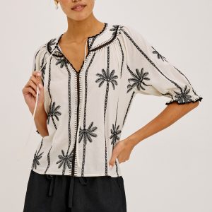 BELINA TOP - EMBROIDERED PALMS