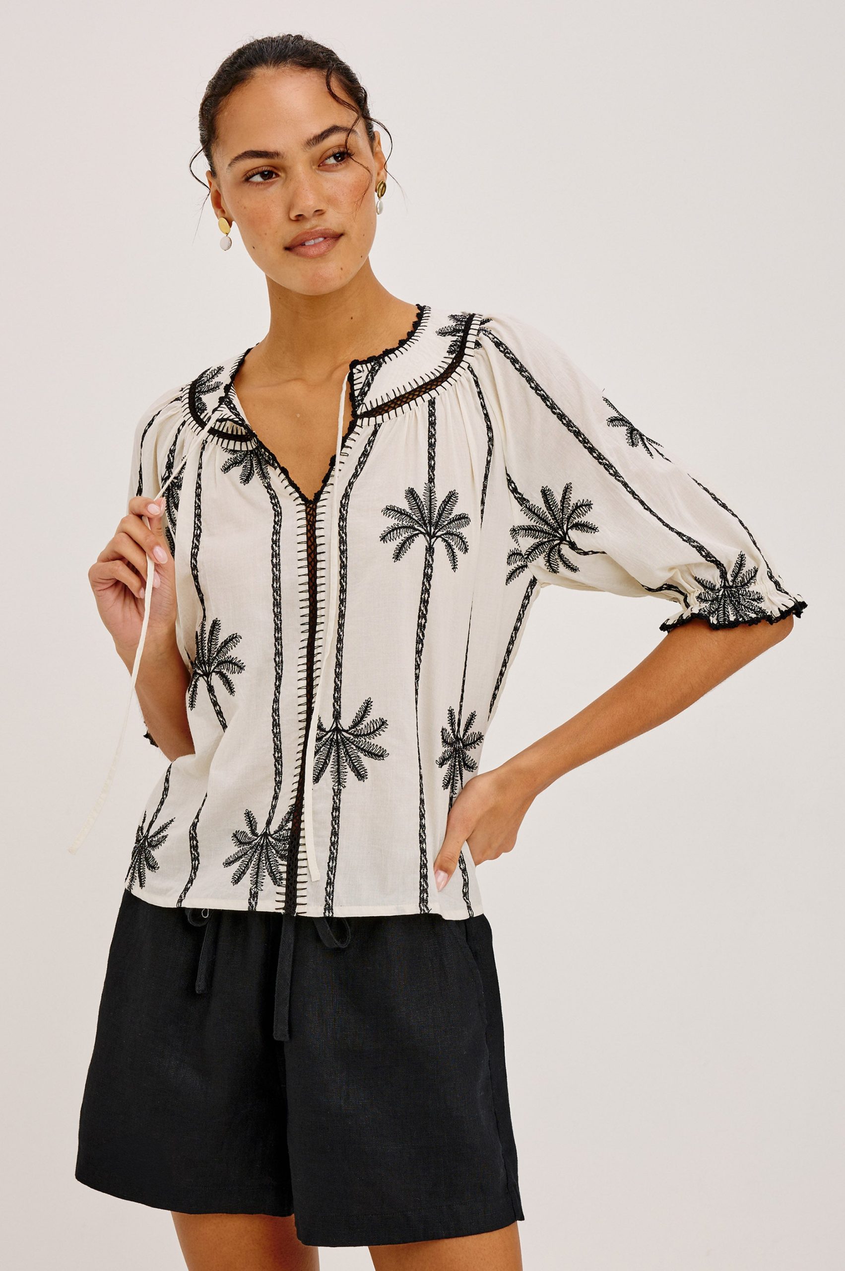 BELINA TOP - EMBROIDERED PALMS