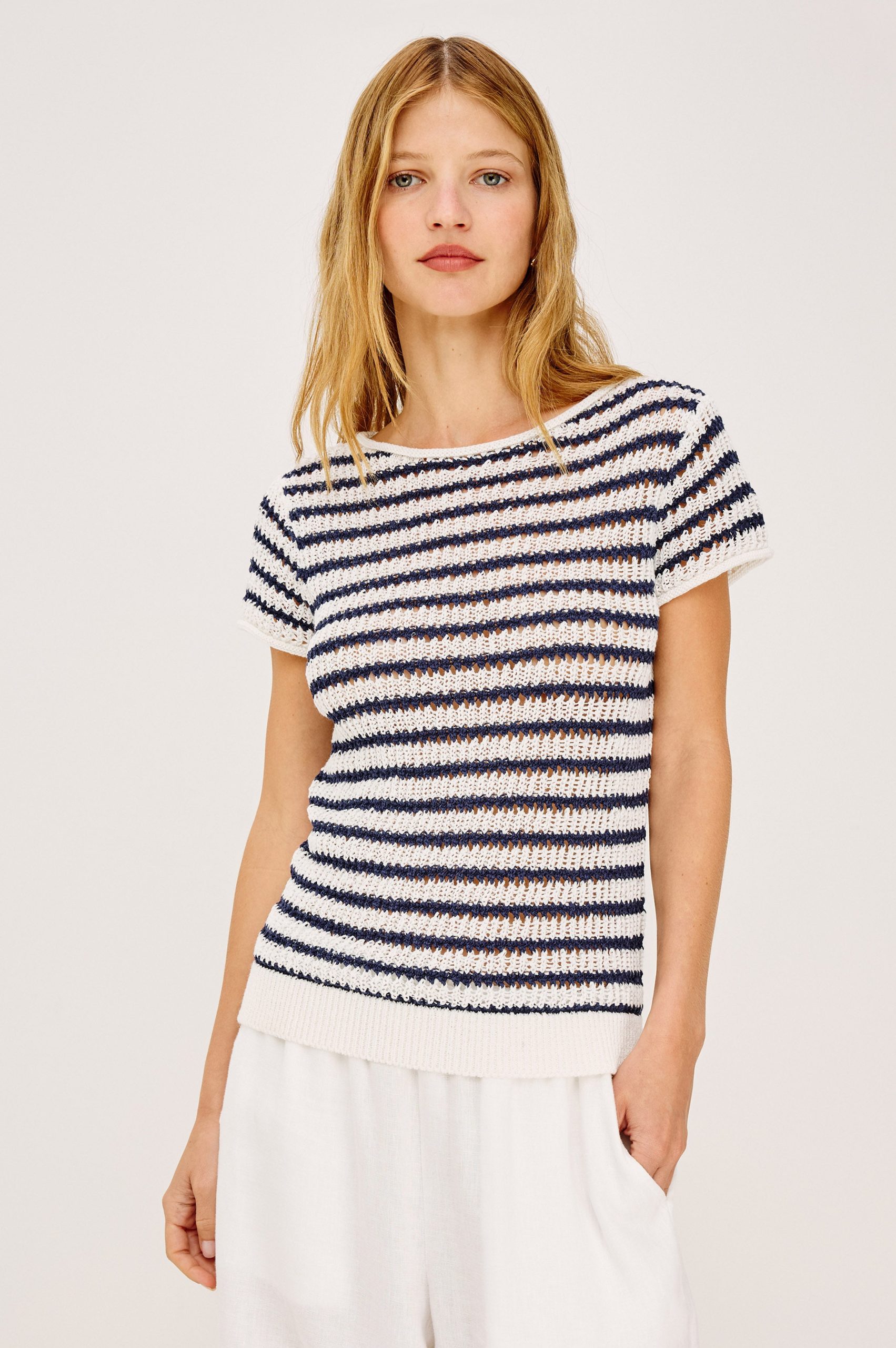 CADY TOP - IVORY INDIGO STRIPE