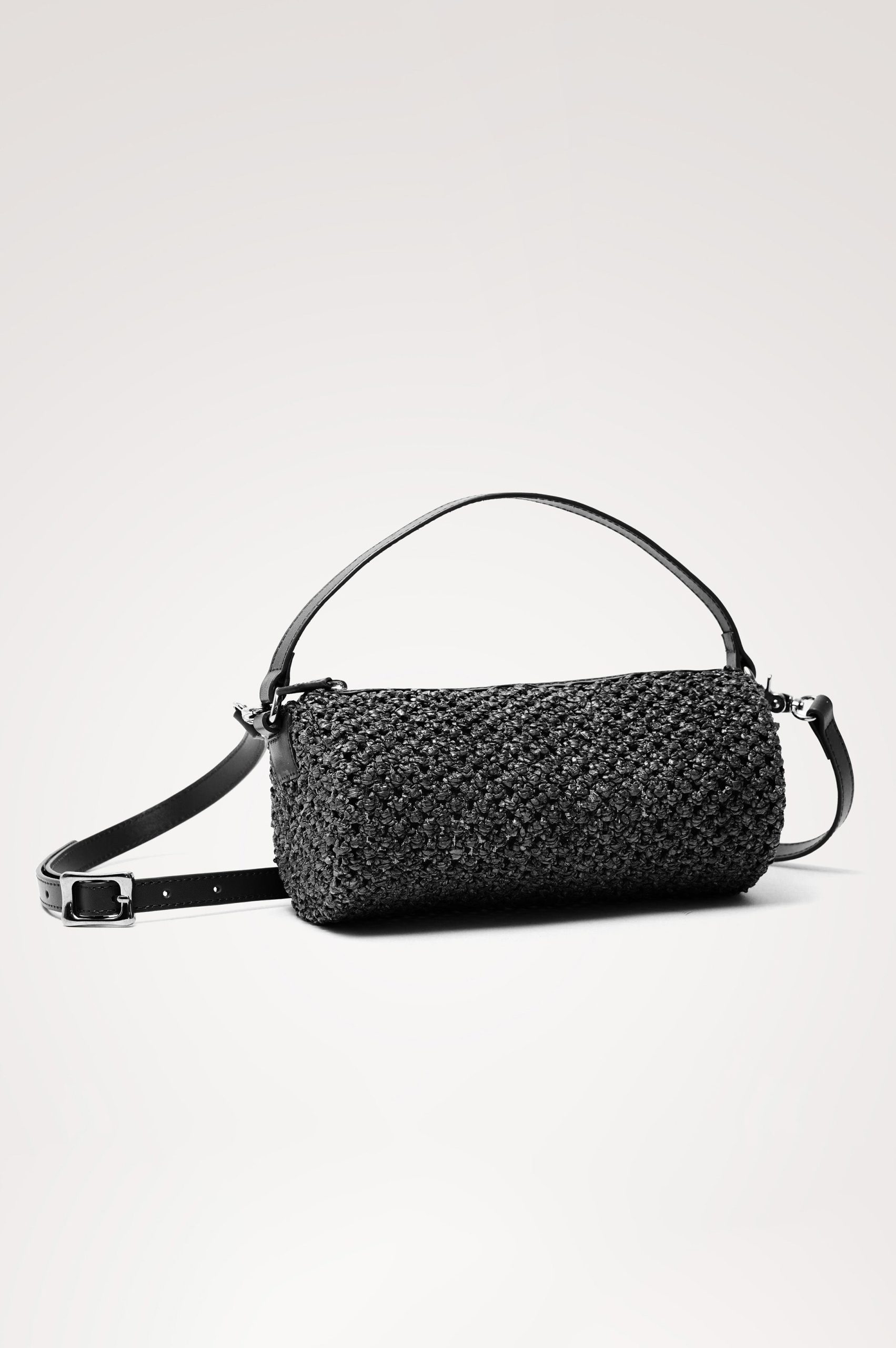 COMO MINI BARREL BAG - BLACK RAFFIA