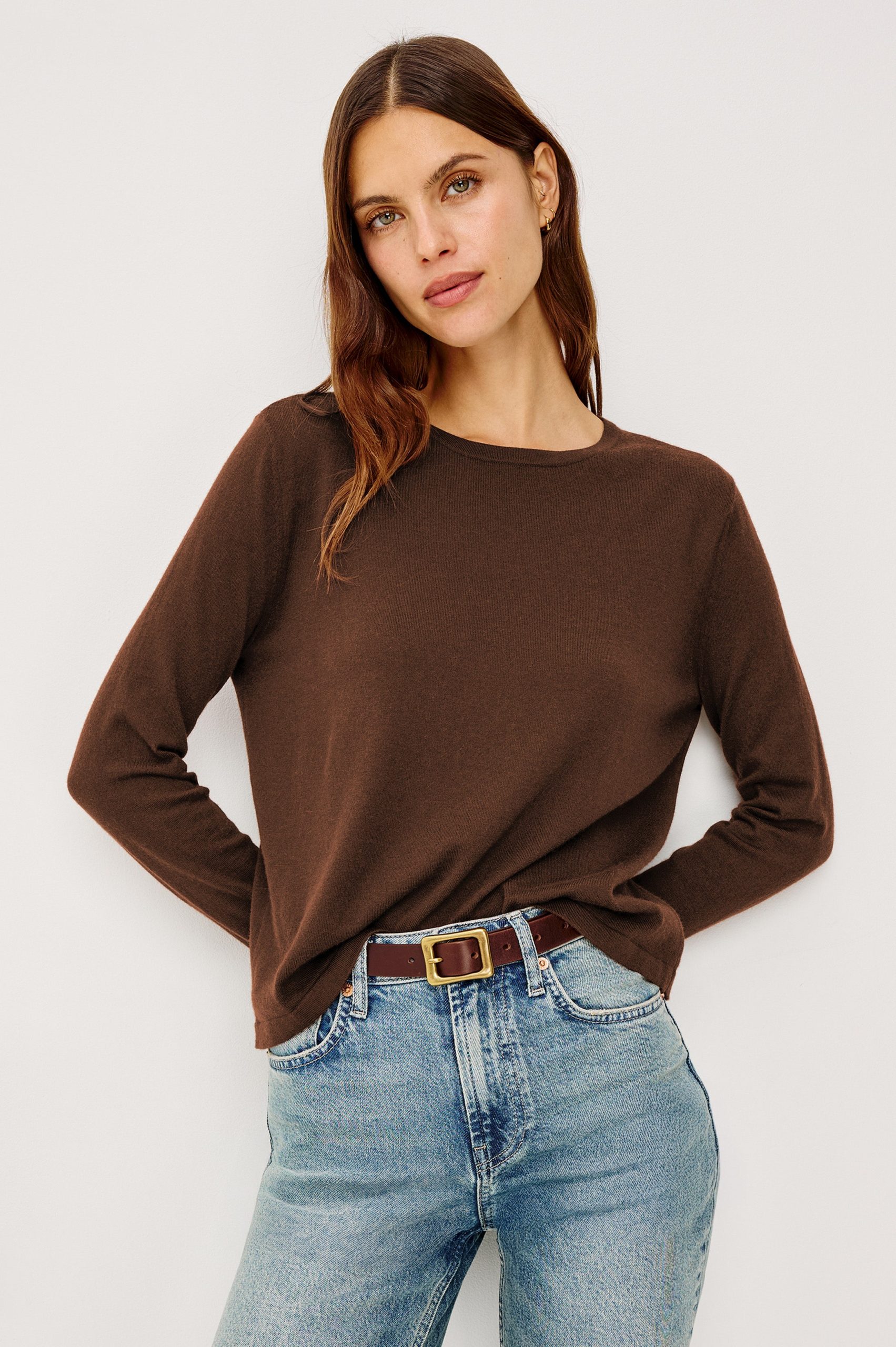 COTTON CASHMERE LONG SLEEVE T-SHIRT - ESPRESSO