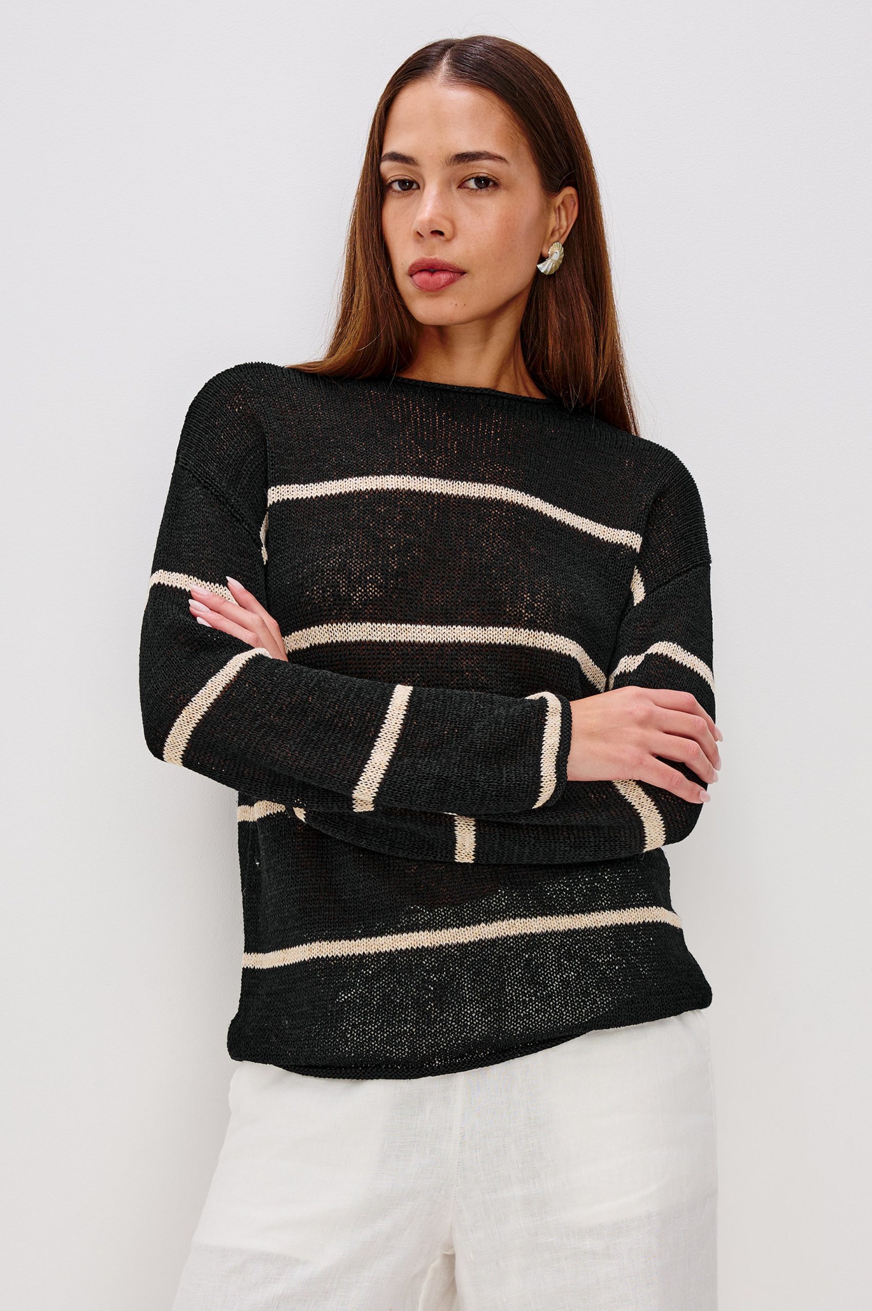 EVANGELINE SWEATER - BLACK LINEN STRIPE