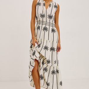 LOULOU DRESS - EMBROIDERED PALMS