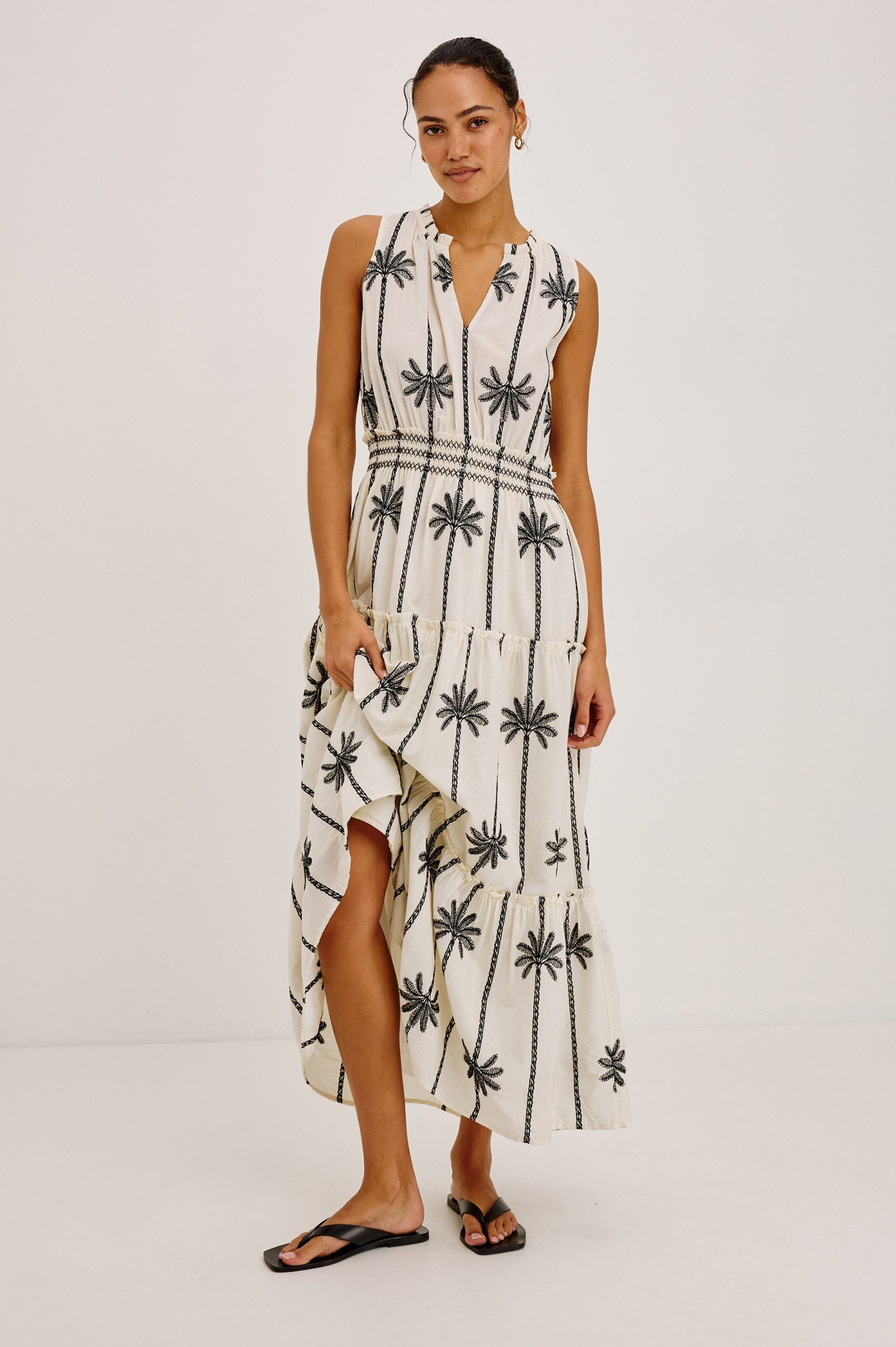 LOULOU DRESS - EMBROIDERED PALMS