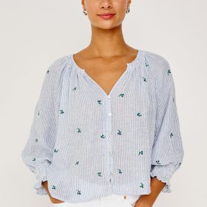 MARIAH TOP - BLUEBELL EMBROIDERED STRIPE
