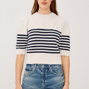 MARTHA TOP - IVORY NAVY FLORAL STRIPE