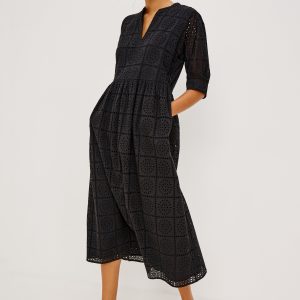 NELLA DRESS - BLACK GRID EMBROIDERY