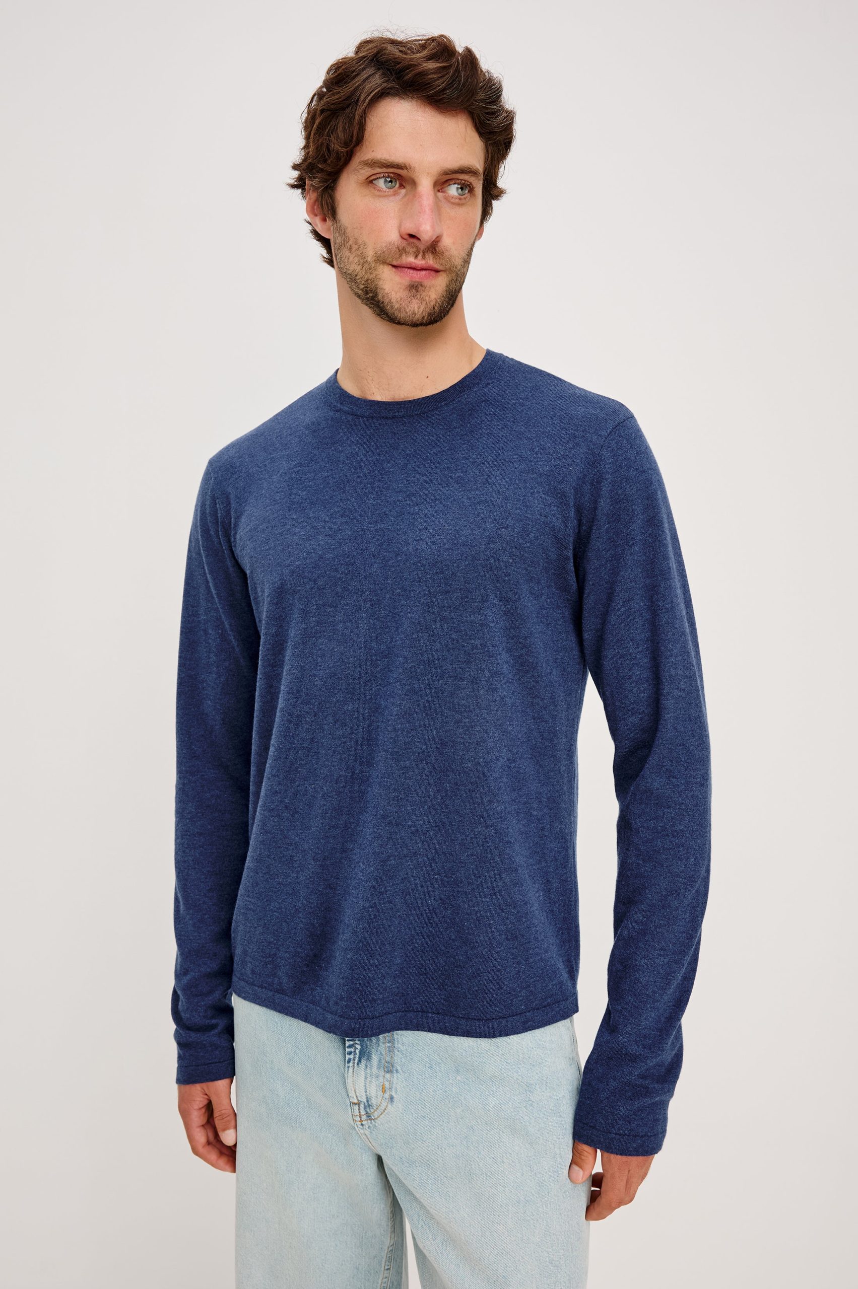 QUENTIN COTTON CASHMERE LONG SLEEVE TEE - HEATHER BLUE