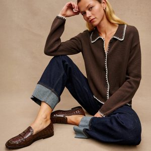 RAYLEEN SWEATER - BROWN IVORY BLANKET STITCH